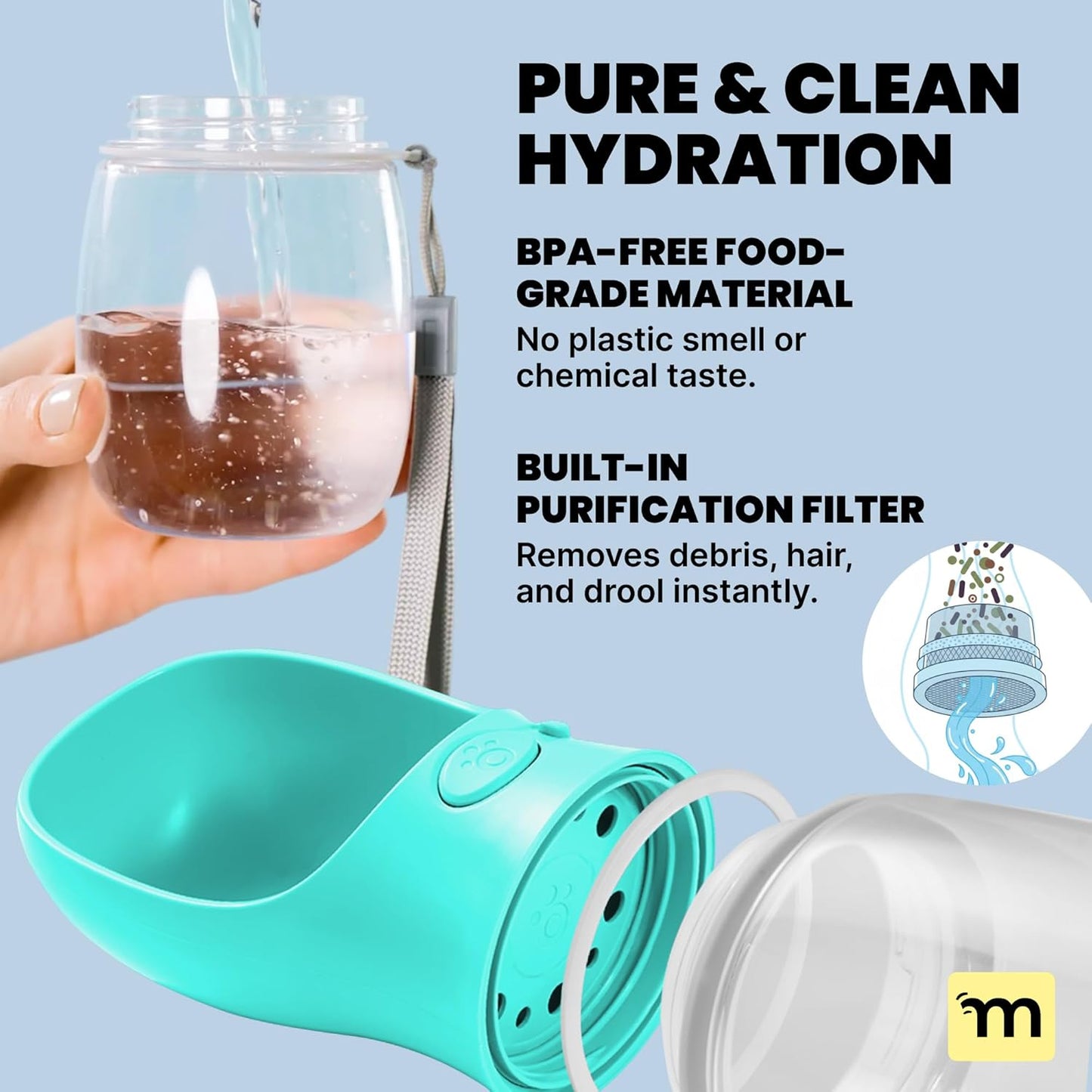 Dog Water Bottle Dispenser - 12 Oz Blue - Leak-Proof Lock & One-Hand Operation - Dog Water Bowl Dispenser - Pet Travel Bottle with Built-In Bowl