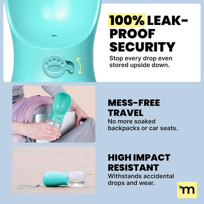 Dog Water Bottle Dispenser - 12 Oz Blue - Leak-Proof Lock & One-Hand Operation - Dog Water Bowl Dispenser - Pet Travel Bottle with Built-In Bowl